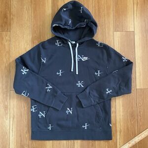 Nike Sportswear Hoodie Mens L Black Club Fleece All Over Print Logo Sweatshirt